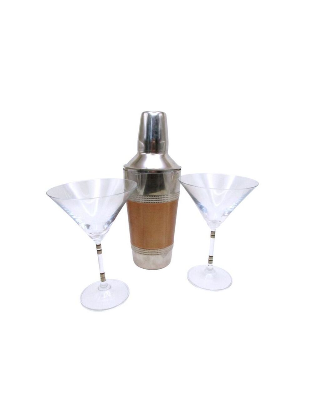 Vintage Stainless Steel Faux Leather Cocktail Shaker Set 2 Martini Glasses MCM